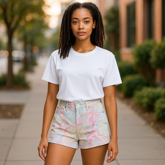 Zara Pants - ZARA Women's Marble Pastel Swirl High Waisted Denim Shorts Size 4